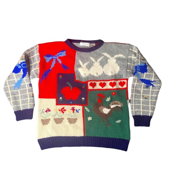 VTG Lord & Taylor Sweater Womens S Shetland Wool Angora Cottage Core Farm Print